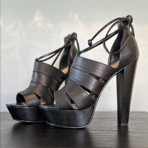 Black Leather Platform Heeled Sandals